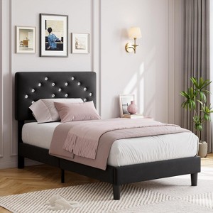 Velvet Bed Frame, Upholstered Platform Bed with Button Tufted Headboard & Under-Bed Storage Space, Sturdy Wooden Slats Support, No Box Spring Needed - 1 of 4
