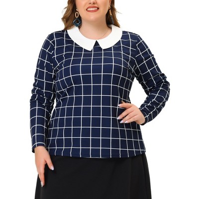 Agnes Orinda Women's Plus Size Cute Contrast Collar Plaid Long Sleeve Casual Work Blouse