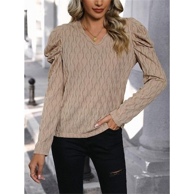 Women's Elegant Blouses Puff Sleeve V - Neck Textured Top