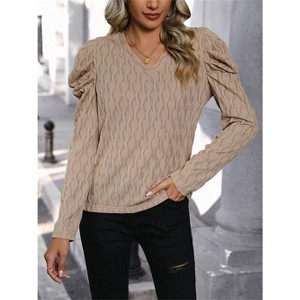 Women's Elegant Blouses Puff Sleeve V - Neck Textured Top - 1 of 4