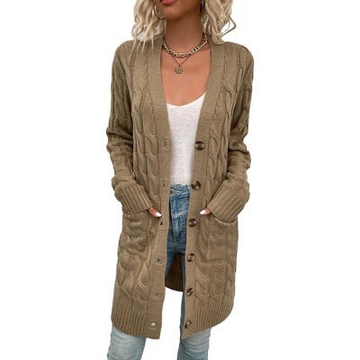 Womens Long Jackets Knee Length Cable Knit Sweater Cardigan Button Down Cozy Knitwear with Pockets Lightweight Knit Coats Fall Outwear