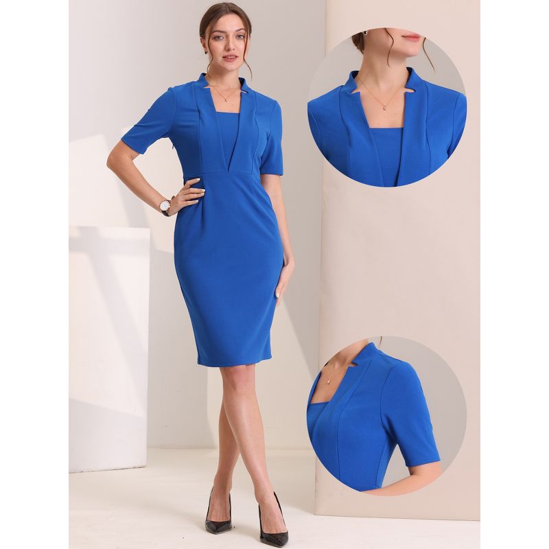 Allegra K Women's V Neck Short Sleeve Work Office Bodycon Midi Sheath Dress, 2 of 6