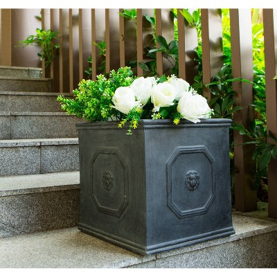Antique Gray 14" Square Concrete Lion Head Planter