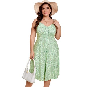 Womens Plus Size Summer Dress V Neck Floral Spaghetti Strap Sundress Button Down Pleated Swing Boho Midi Dress - 1 of 4