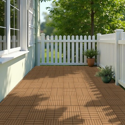 11 Pieces of 11.7" x 11.7" Square Plastic Wood Deck Tiles for Outdoor Terrace Flooring, Burlywood Color