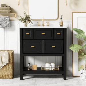 Wooakway 30"L Blue Freestanding Bathroom Vanity with Ceramic Sink 5 Drawers Solid Wood Frame - 1 of 4