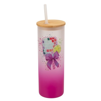 Elanze Designs 25 Ounce Frosted Glass Gradient Travel Tumbler With Straw and Wooden Lid, Disco Pickleball Paddle Pink