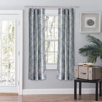 Ellis Curtain Lexington Leaf Pattern on Colored Ground Curtain Pair with Ties Blue
