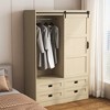QingMoon Wooden Wardrobe Closet with Sliding Barn Door, Freestanding Clothing Storage Cabinet with 4 Drawers and Hanging Rail for Bedroom - 3 of 4
