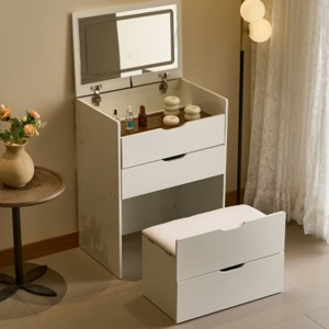 Syemin Vanity Tables 3-in-1 Vanity Desk with Mirror, Small Vanity Desk Set with Visible Glass Tabletop, Storage Bench, White, 23.62"*15.75"*31.5" - 1 of 4