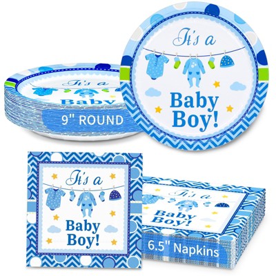 DYLIVeS Blue Baby Boy Shower Disposable Tableware - Paper Dinner Plates and Napkins for Gender Reveal, Birthday Party Supplies and Decorations