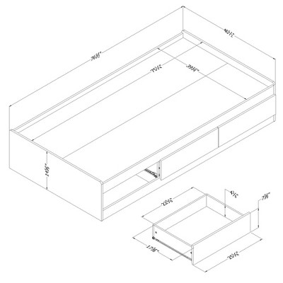 Twin Gray Oak Platform Bed with 3 Storage Drawers