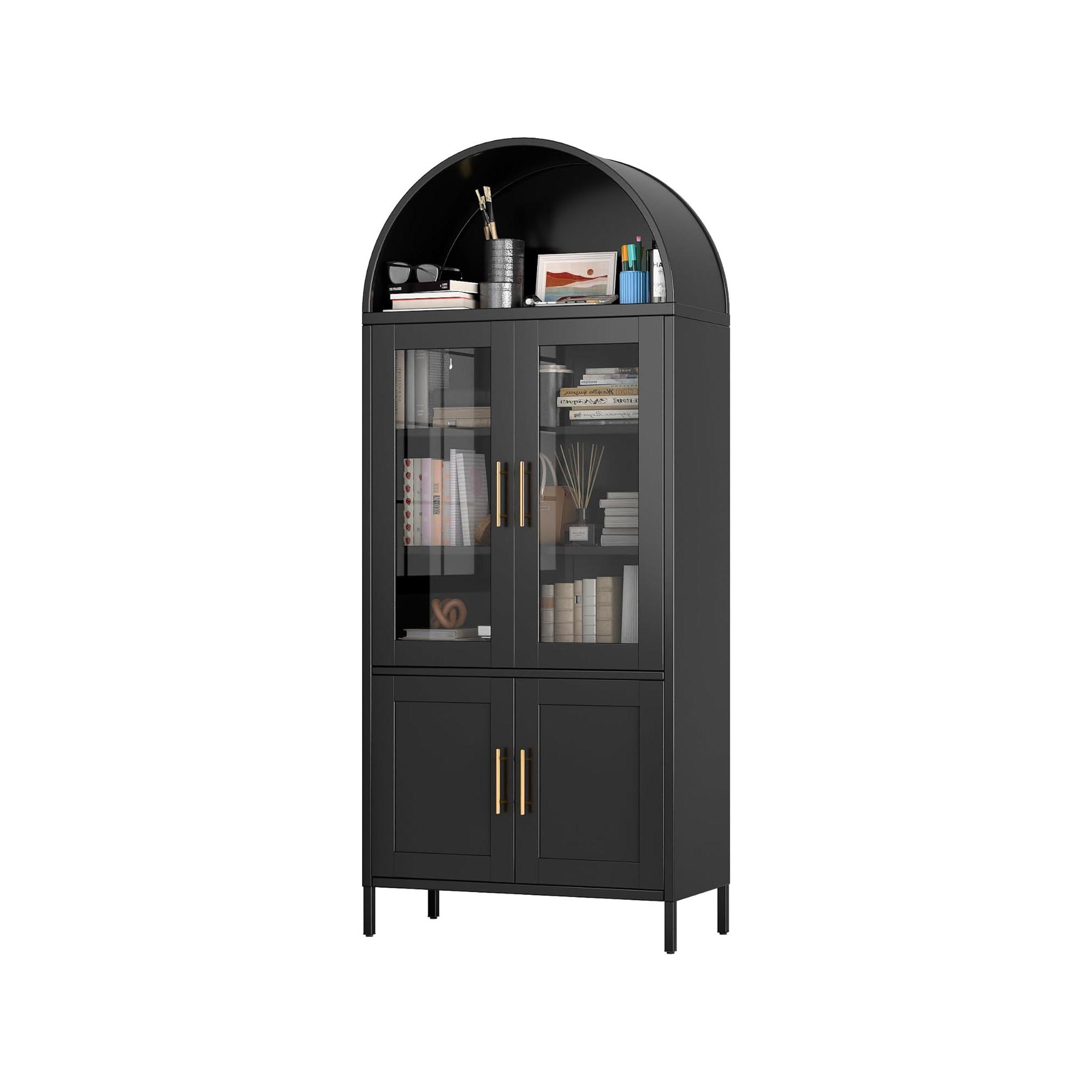 SUXXAN Metal Display Cabinet With Glass Doors And Adjustable Shelves, Modern Freestanding Arched Cabinet,Assembly Required,Black