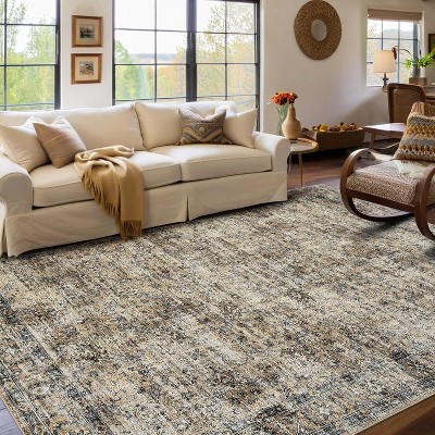 Vintage Rug Distressed Retro Oriental Washable Non-Slip TPR Backing Low Pile Thin Foldable Soft Non-Shedding Nursery