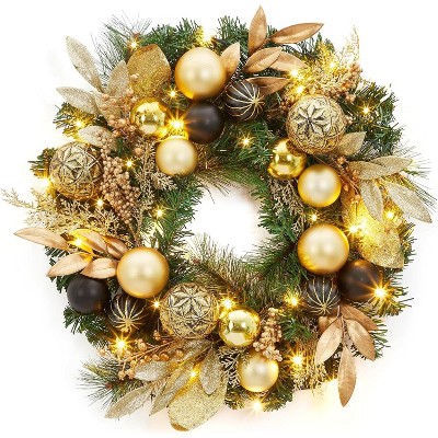 22 Inch Artificial Christmas Wreath, Pre-Lit Xmas Wreath with Ball Ornaments, Gold Leaves, Pine Needles, Winter Wreath for Window Door Fireplace