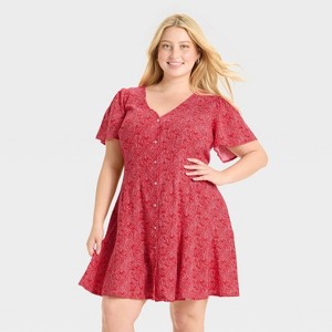 Women's Short Sleeve Button-Front Mini A-Line Dress - Universal Thread™ - 1 of 3