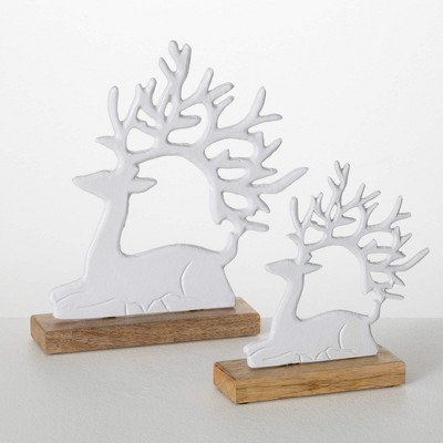 12.5"H & 9"H Sullivans Christmas Metal Deer Figurines On Base Set of 2  White-Natural