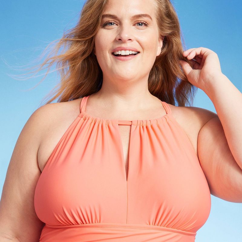 Women's Full Coverage Tummy Control High Neck Halter One Piece Swimsuit - Kona Sol™ Coral Pink, 4 of 5