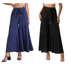 INSPIRE CHIC Women's Boho Elastic High Waist Tie Belt Ruffle Hem Wide Leg Palazzo Pants 2 Packs - 1 of 4