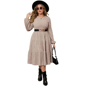 Coolmee Women Plus Size Fall Dresses Crew Neck Long Sleeve Flowy Casual Ribbed Knit Sweater Dress with Belt - 1 of 4
