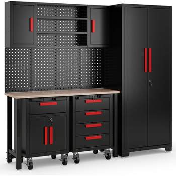 Costway 6PCS Garage Cabinets and Storage System Set with Pegboard & Rubber Wood Worktop