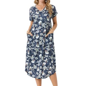 INSPIRE CHIC Women's Floral V Neck Rolled Short Sleeve with Pockets Casual Midi Dress - 1 of 4