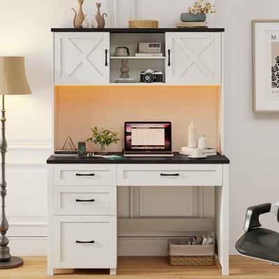 67" H Executive Desk with Hutch, 4 Drawers and LED Light, Computer Desk with Charging Station
