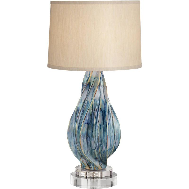 Possini Euro Design Teresa Modern Coastal Table Lamp with Round Riser 32 1/2" Tall Teal Blue Drip Ceramic Beige Drum Shade for Bedroom Living Room, 1 of 7