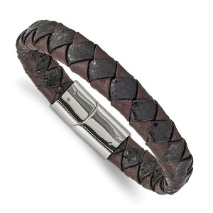 Black Bow Jewelry 11.5mm Stainless Steel Textured Black & Brown Leather Bracelet, 8 Inch - 1 of 4