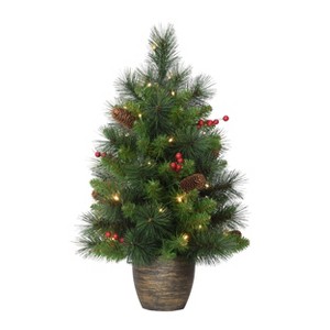 2ft Puleo Pre-Lit Tabletop Artificial Christmas Tree: Gold Base, Clear Lights, Hinged Branches, Indoor Use, 35 Bulbs - 1 of 3