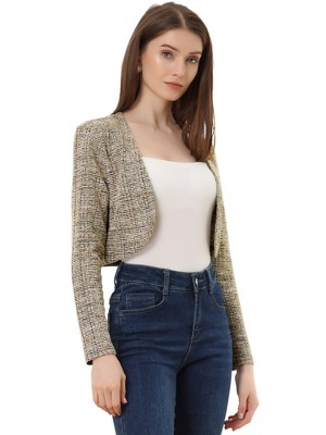 INSPIRE CHIC Women's Vintage Plaid Tweed Open Front Cropped Bolero Shrug