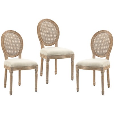 Cream White Distressed Rattan Back Upholstered Side Chairs, Set of 3