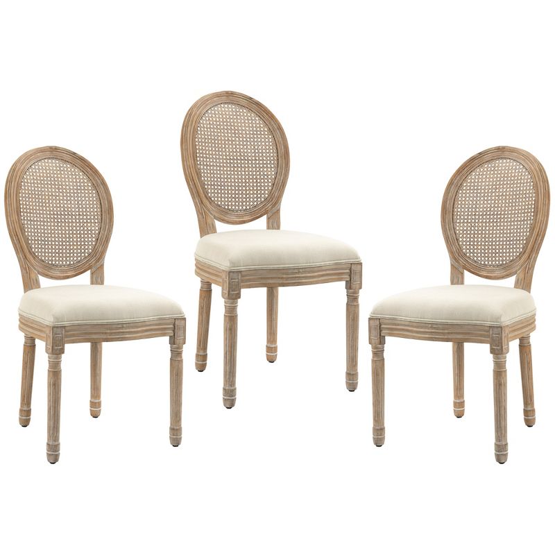HOMCOM French-Style Upholstered Dining Chair Set, Armless Accent Side Chairs with Rattan Backrest and Linen-Touch Upholstery, Set of 3, Cream White, 4 of 7