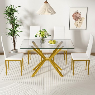 Dolonm Modern 47.24" Tempered Glass Dining Table w/Black/Gold/Silver Metal Legs,Easy Clean & Assemble for Kitchen/Dining Room