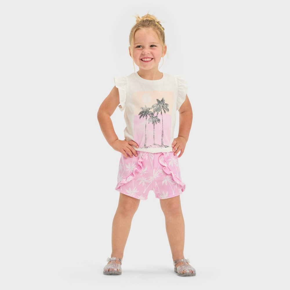 Grayson Mini Toddler Girls' Flutter Sleeve Palm Tree Printed & French Terry Shorts Set - White 12M