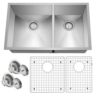 Miligore 32" x 19" x 10" Deep Double Bowl (60/40 Split) 16-Gauge Stainless Steel Undermount 16-Gauge Stainless Steel Kitchen Sink with Drains/Grids