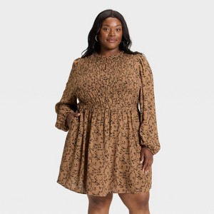 Women's Bishop Long Sleeve Button-Up Smocked Mini Dress - Ava & Viv™ - 1 of 3