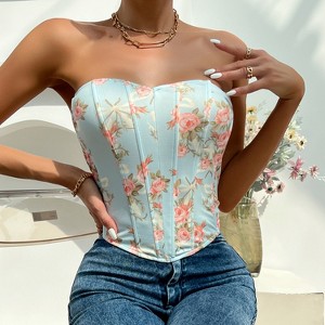 Womens Vintage Floral Denim Overbust Corset Bustier Top - 1 of 4