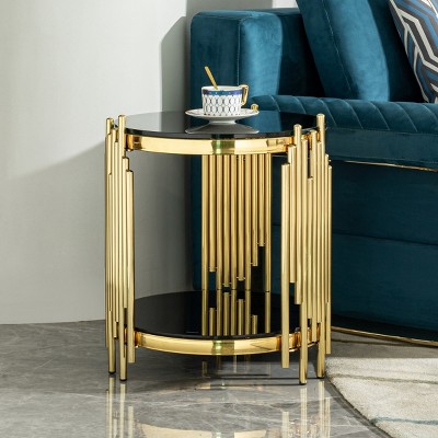 Living Room Double Layer Tempered Glass Coffee Table,Side Table With Open Storage Shelf And Metal Frame,Round Metal Coffee Table-Coolbibila