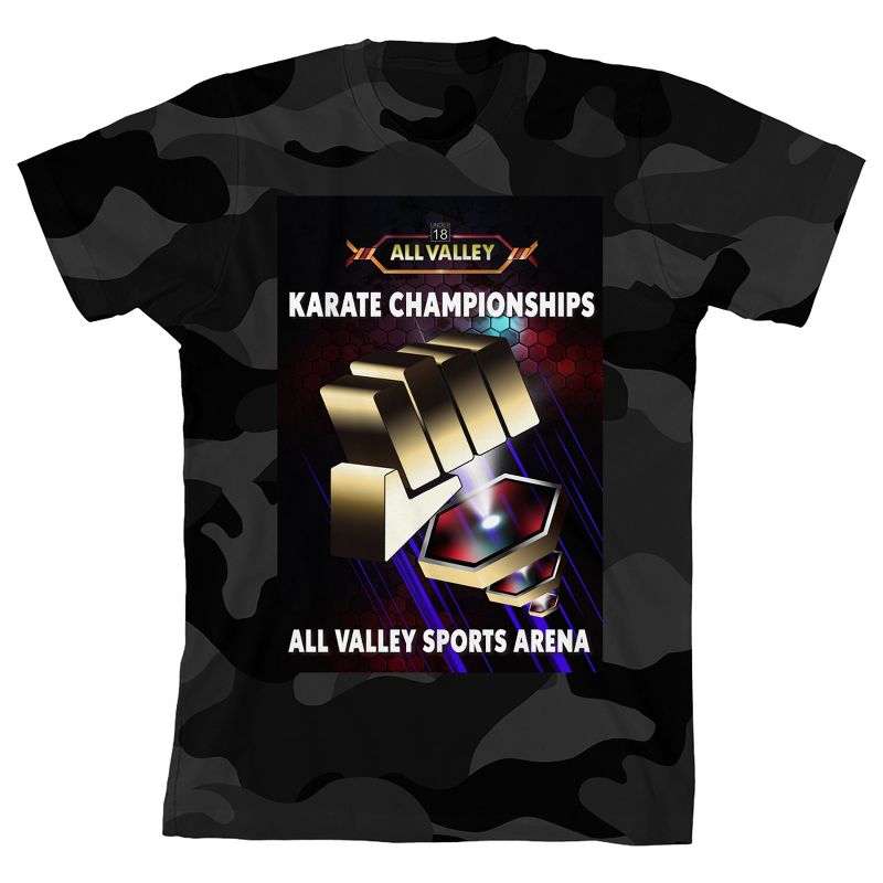Cobra Kai Karate Champions All Valley Sports Arena Boy's Black Camo T-shirt, 1 of 3