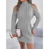 Clearlove Women's Off-Shoulder Mock Neck Sweater Dress Textured Cable Knit Balloon Sleeve Tunic - 2 of 4