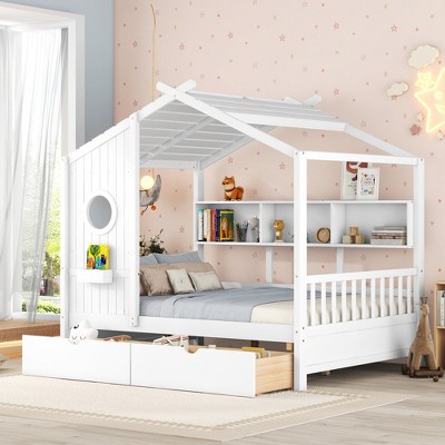 Full Size Wooden House Bed With 2 Drawers, Kids Bed With Storage Shelf ...