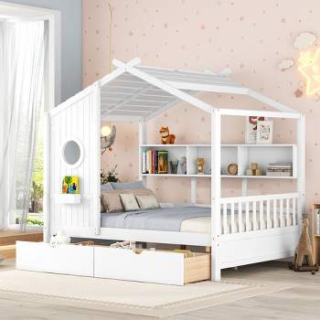 Twin/Full Size Wooden House Bed with 2 Drawers, Kids Bed with Storage Shelf - ModernLuxe