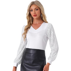 Allegra K Women's Sequin Long Sleeve V Neck Ribbed Cuff Party Sparkly Top - 1 of 4