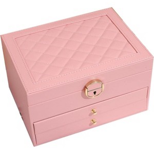 3-Layer Jewelry Box with Two Drawers, PU Leather Storage Case - 1 of 4