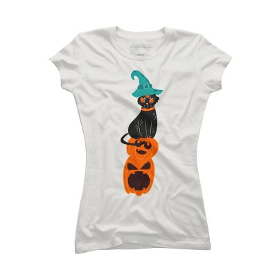 Junior's Design By Humans Halloween Pumpkins and Witch Cat By famenxt T-Shirt