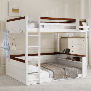 Queen Size Wooden Bunk Bed with Built-in Shelves and USB Charging Station - 1 of 4