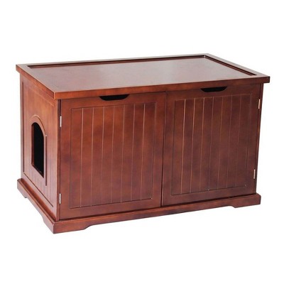 White and Walnut Wooden Cat Litter Box Storage Bench