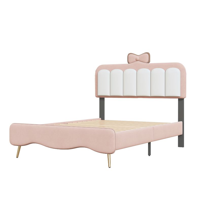 Twin/Full Size Velvet Princess Bed With Bow-Knot Headboard, White+Pink 4A - ModernLuxe, 4 of 8