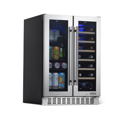 NewAir 24” Premium Built-in Dual Zone 18 Bottle and 58 Can French Door Wine and Beverage Fridge in Stainless Steel with SplitShelf™ and Beech Wood Shelves